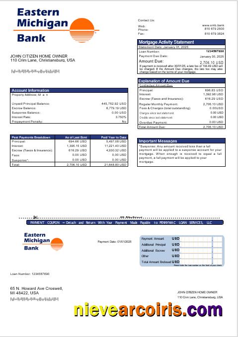 USA Eastern Michigan bank mortgage statement